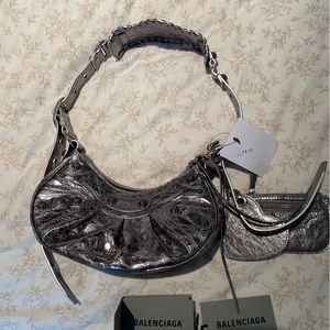 BALENCIAGA LE CAGOLE XS SHOULDER BAG METALLIZED IN SILVER